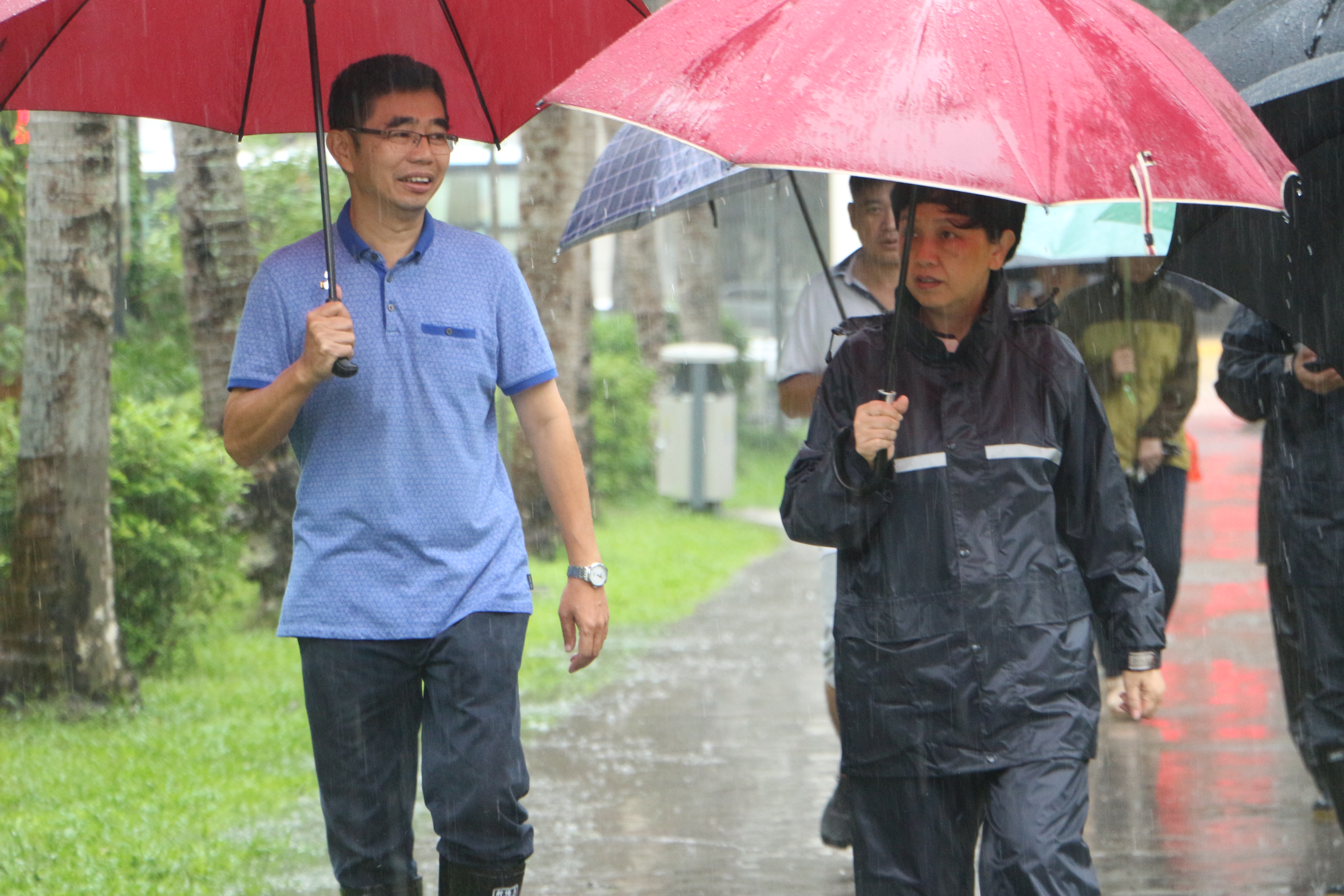 校党委书记李红梅、副校长史海涛冒雨视察龙昆南校区防风工作
