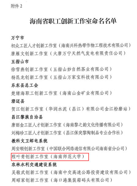 程叶青创新工作室命名为“海南省职工创新工作室”